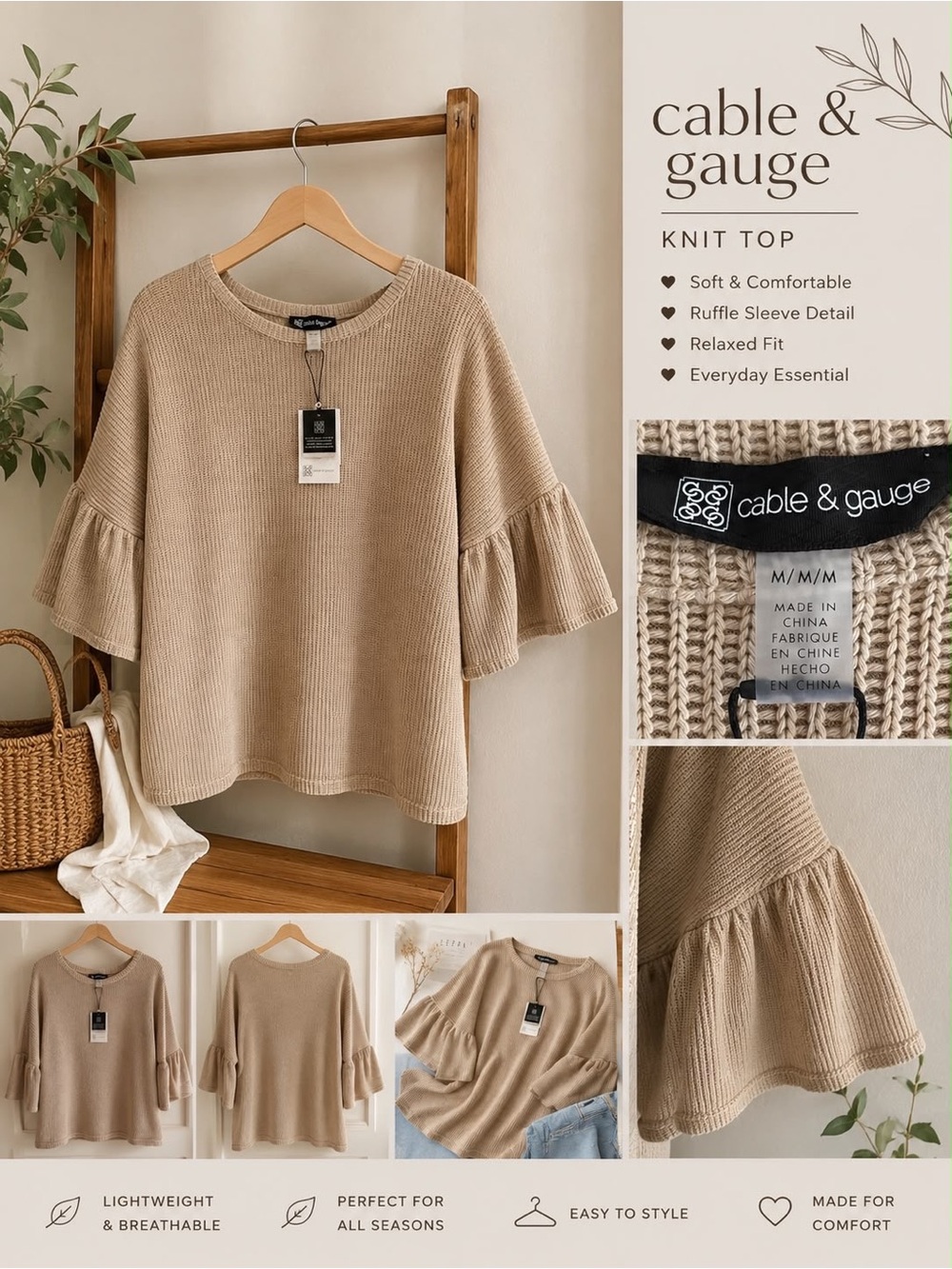 Cable & Gauge Taupe Ruffle-Sleeve Scoopneck Sweater